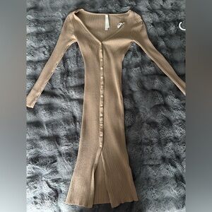 Babaton Tan Long Sleeve Ribbed Dress